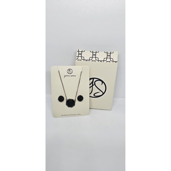 Gemma Simone Black Silvertone Necklace Pierced Earring Set NEW IN BOX - Picture 1 of 3